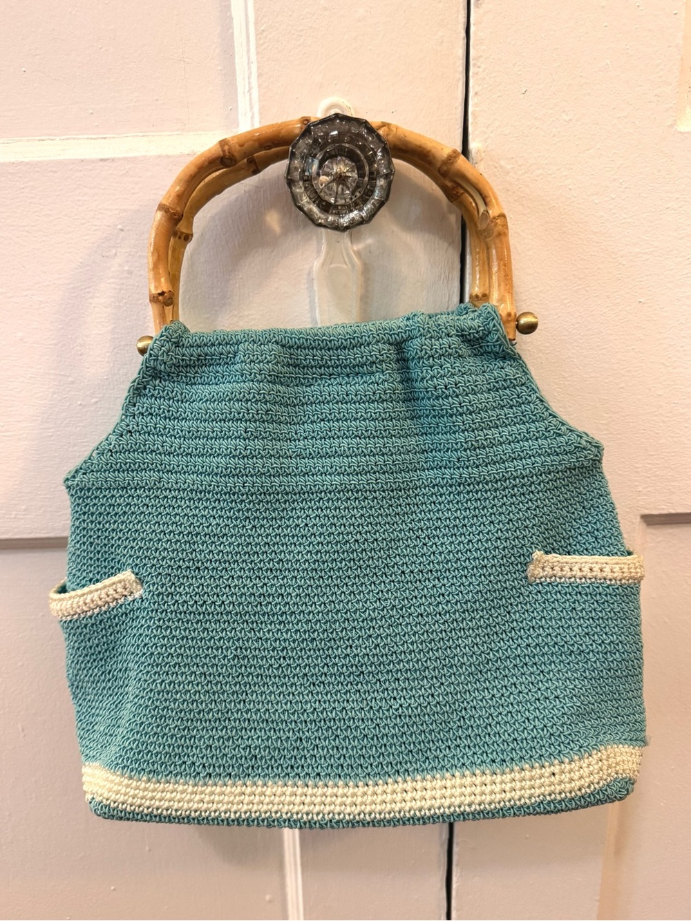 Teal Crochet Tote with Bamboo Handles
